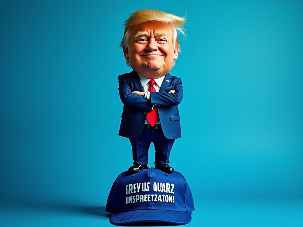 The image features a caricature of a man resembling Donald Trump confidently standing atop a blue Harris Walz hat. His arms are crossed with a smile on his face, portraying a playful attitude. The background is a solid bright blue, enhancing the visual impact of the character. The hat underneath him is vividly displayed, adding a humorous touch. This scene captures both a whimsical spirit and political commentary in a simple yet effective composition.