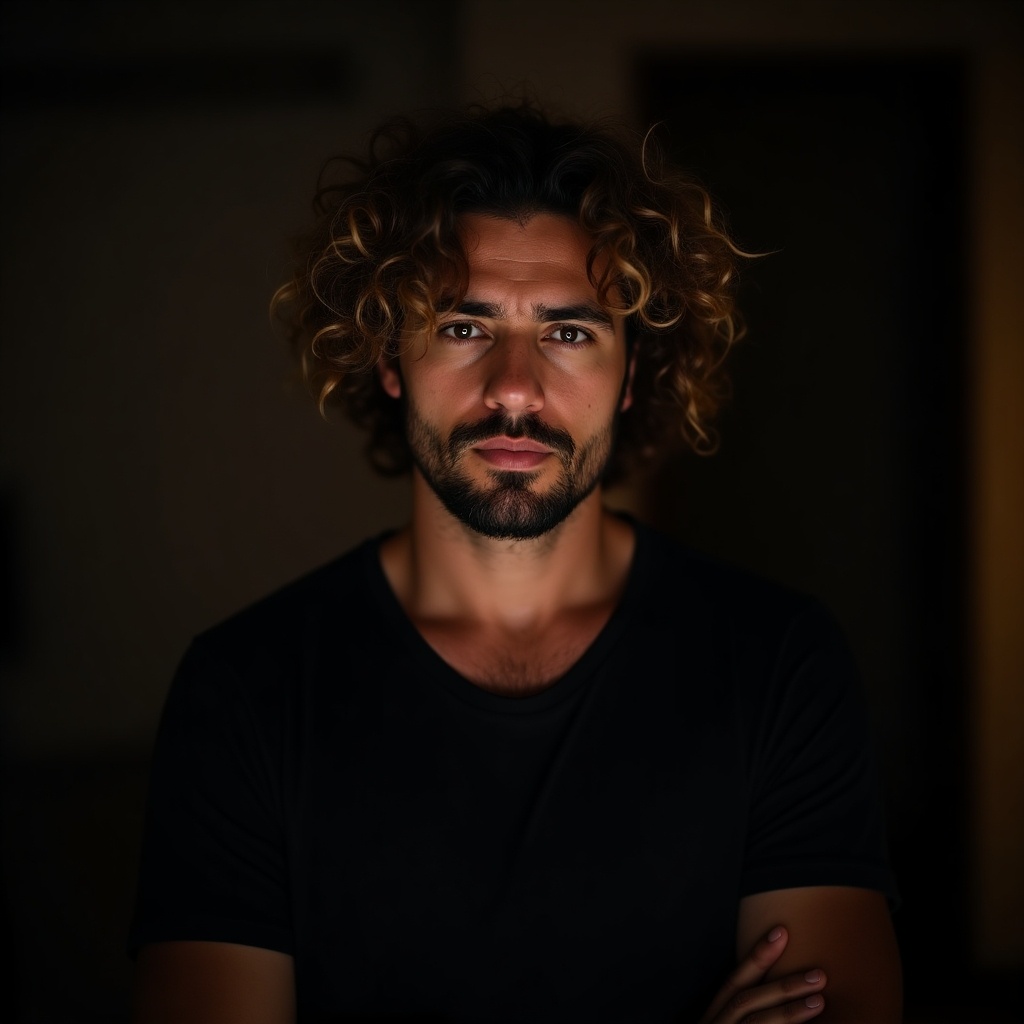 A man with curly hair has a serious expression. He looks directly at the camera in a dimly lit setting and wears a black t-shirt.