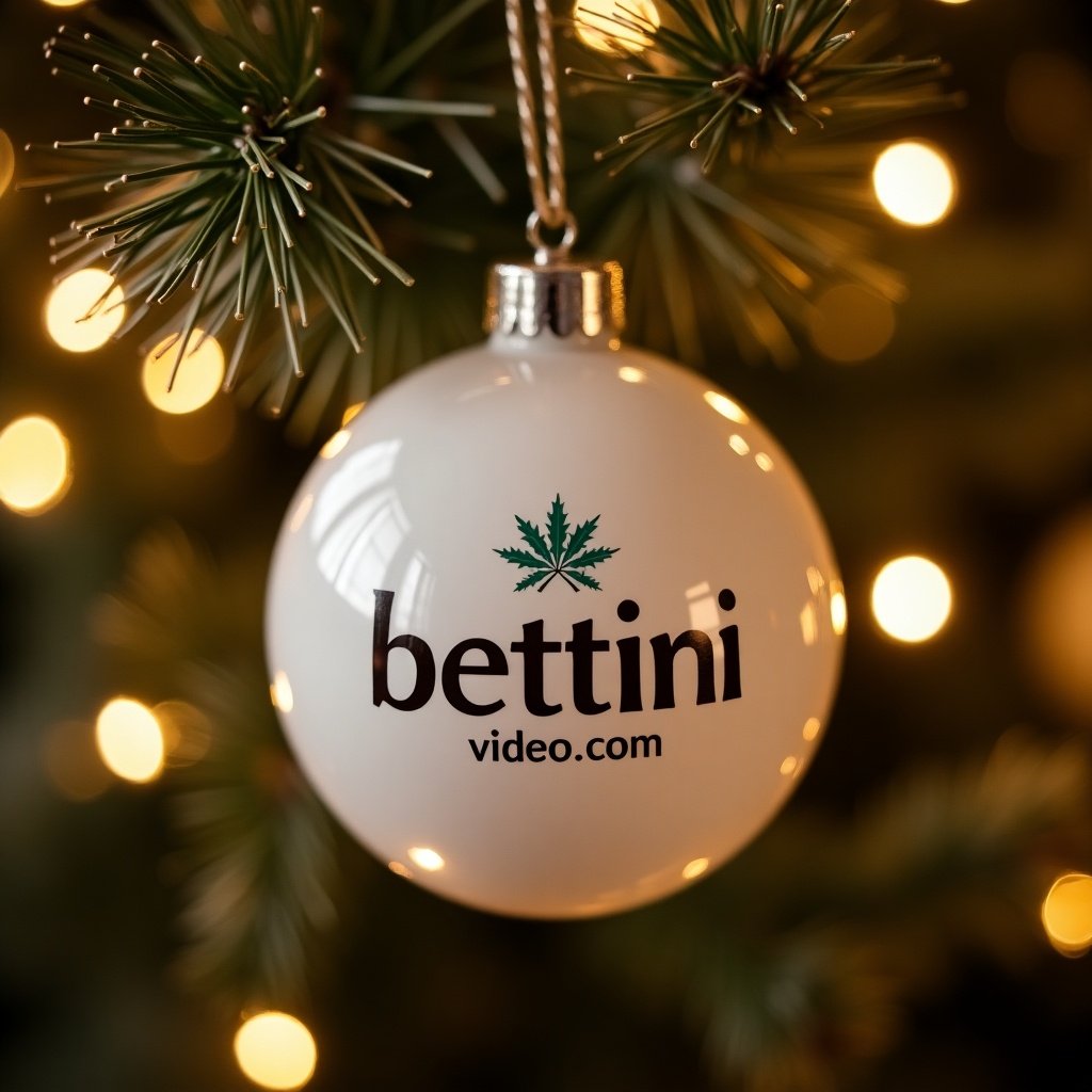 A white Christmas bauble with the logo from bettinivideo.com. Background features twinkling Christmas lights. Celebrations centered around personalized holiday themes.