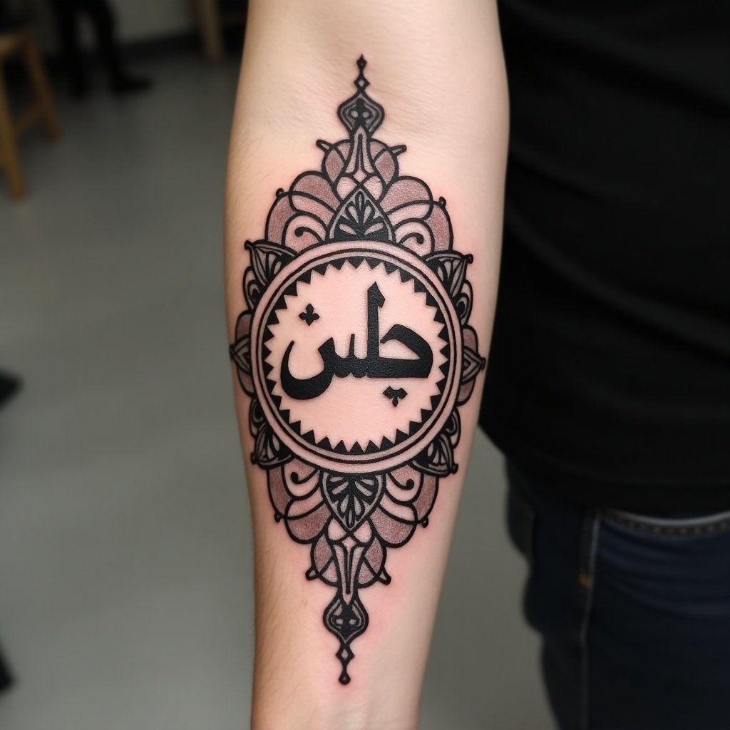 Forearm tattoo featuring the Arabic text surrounded by elaborate designs. The text is centrally positioned with intricate patterns around it, all in black ink. The tattoo is placed on the inner forearm.