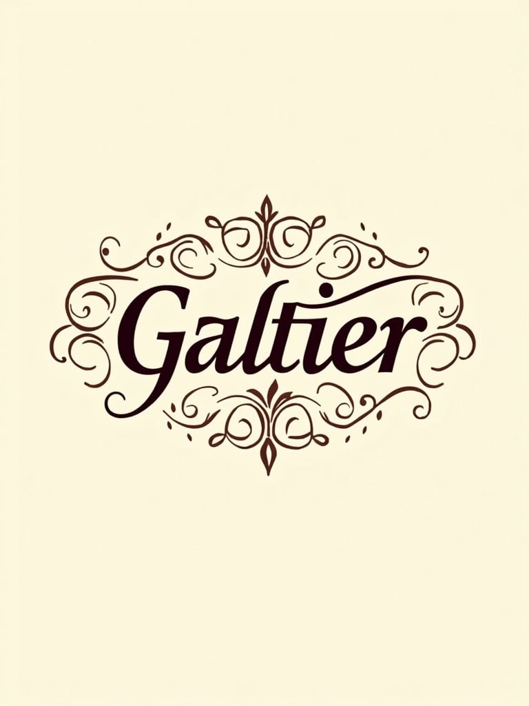 The image features the word Galtier Luxury Glasses styled in an elegant font. Intricate swirls and flourishes decorate the design. Soft beige background with dark brown accents create a warm inviting atmosphere. This design enhances creativity and artistry. It looks elegant and visually appealing. Perfect for creative industries.