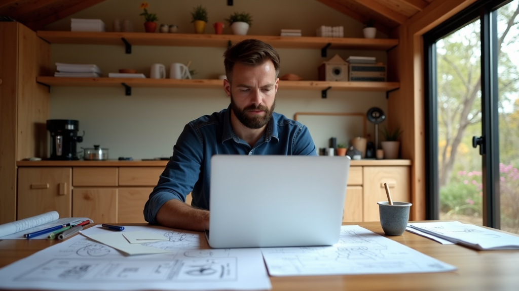 A man intensely working on a laptop amidst blueprints and sketches in a cozy, light-filled workspace.