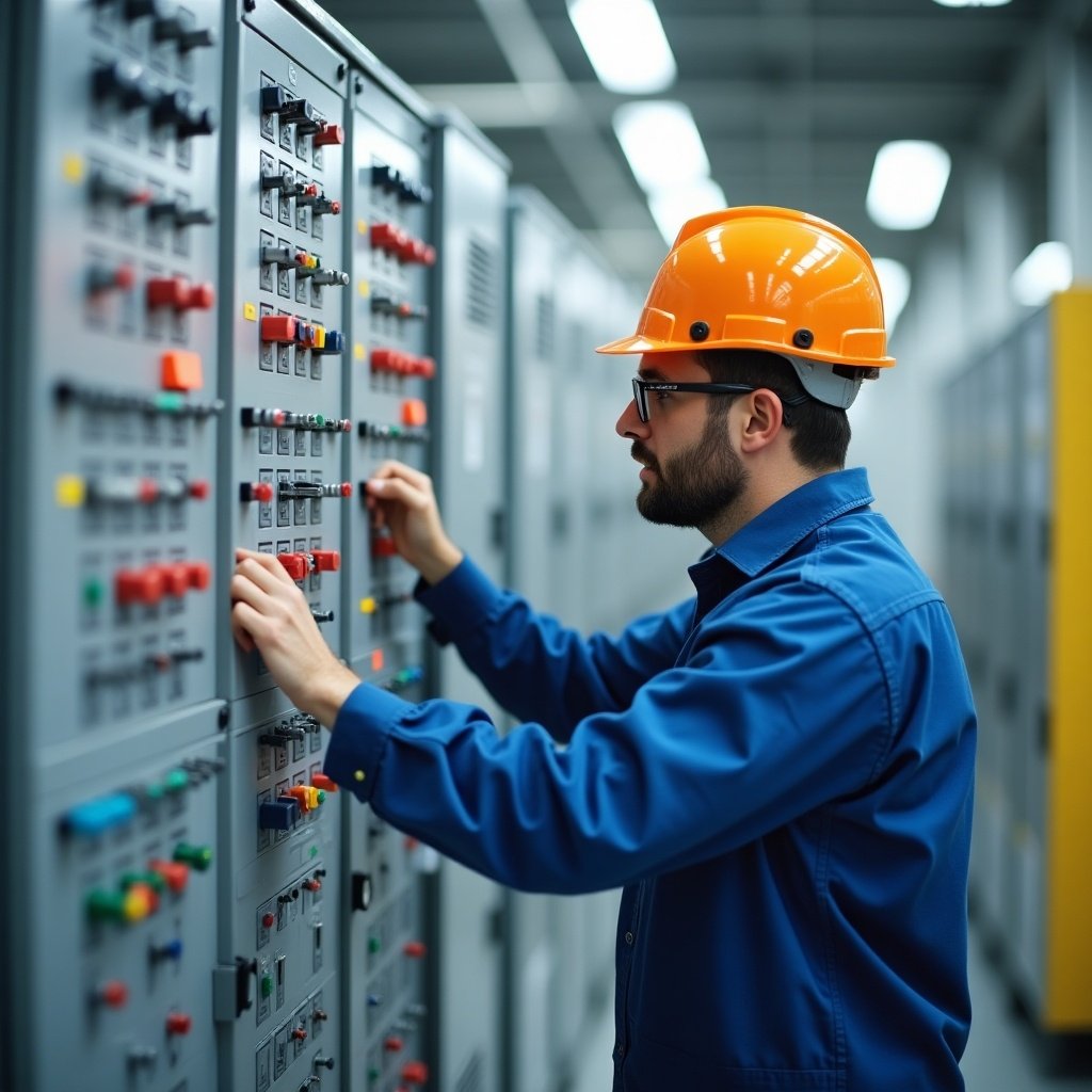 Man wearing a helmet adjusts the control panel in a factory. Emphasis on industrial setting with machinery. Isometric perspective.