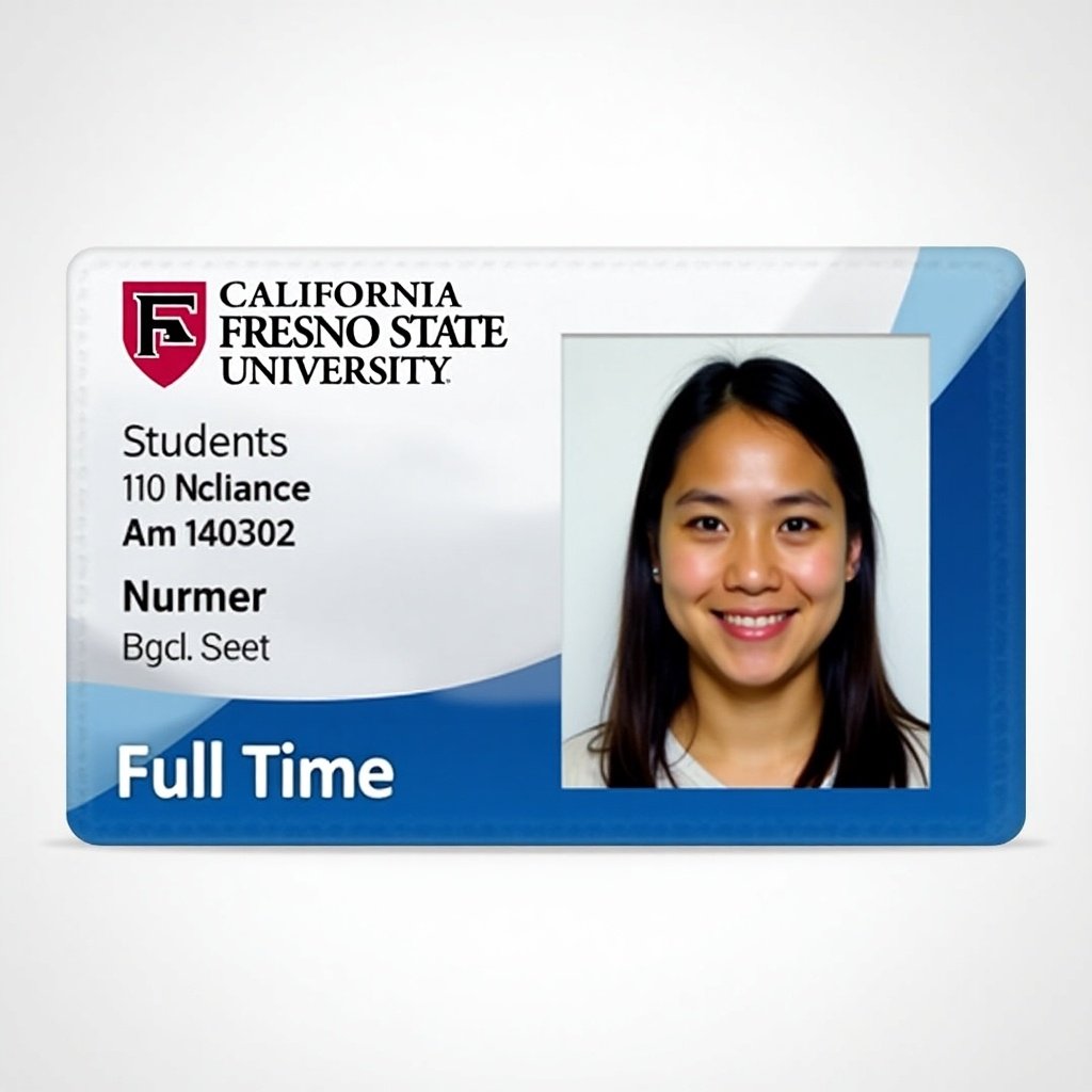 Image of a student ID card for California Fresno State University. The card features the university logo at the top left. Below the logo are details like student ID number and designation of Full Time. The background is blue and white, enhancing the university branding.