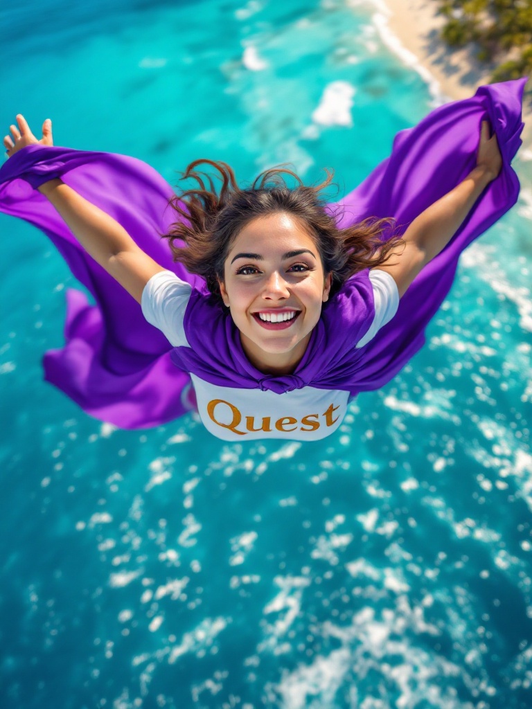 Image depicts a chubby Spanish daycare teacher flying over the Caribbean Sea. She wears a purple cape and a white shirt with 'Quest' in gold. The sea below is turquoise with palm trees in the distance. This scene conveys joy and adventure.