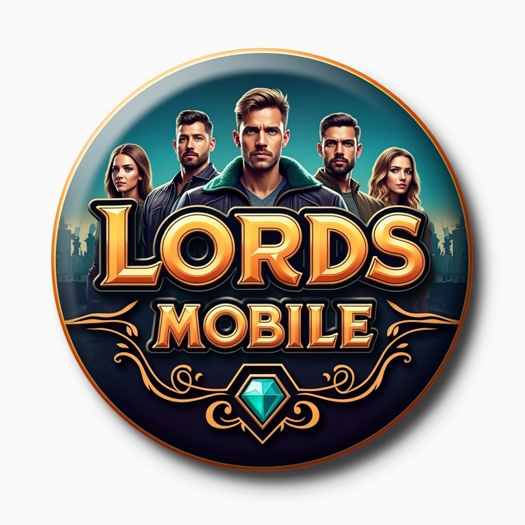 This image serves as a badge design for the game 'Lords Mobile'. It features the game's title prominently in gold lettering. Beneath the logo, several characters are depicted, adding excitement and allure. The background is designed to enhance the logo while ensuring all elements are clearly visible. The overall composition is striking and vibrant, making it appealing for promotional materials and game branding.