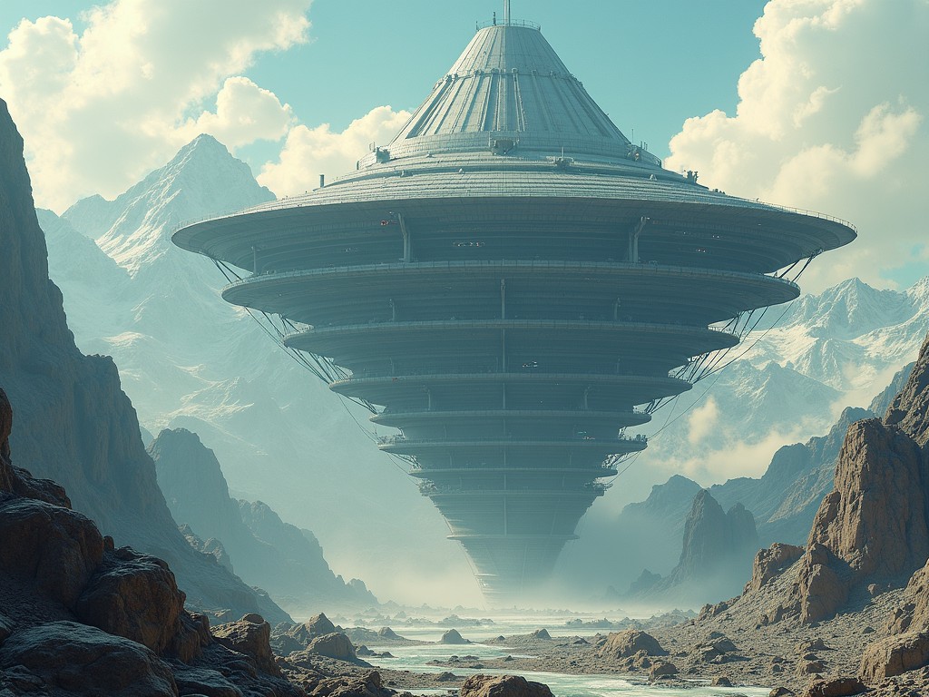 This image depicts a massive, futuristic structure resembling an inverted cone suspended amidst a mountainous landscape. The colossal building, made of metallic materials, contrasts sharply with the rugged terrain and snow-capped peaks in the background. The scene is bathed in soft, natural light, creating an atmospheric, ethereal effect with clouds lightly shielding the towers and hills.