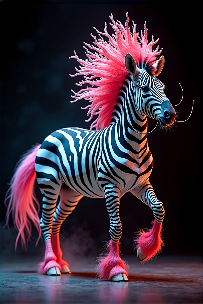 A zebra with bold black and white stripes is depicted with a striking pink mane and fur, showcasing a surreal and vibrant appearance against a dark background.