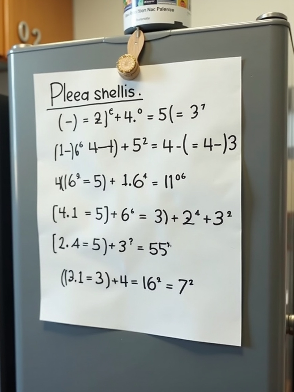 An image showcasing a high-schooler's math test pinned to a refrigerator. The test is crumpled white paper with math problems written in black ink. It includes several equations with different operations and possible solutions. A pen is nearby, indicating recent use. The refrigerator itself is brown with a few magnets and a small container perched on top. The lighting is bright, giving a warm indoor feeling. This scene captures the everyday life of a student and their learning environment.