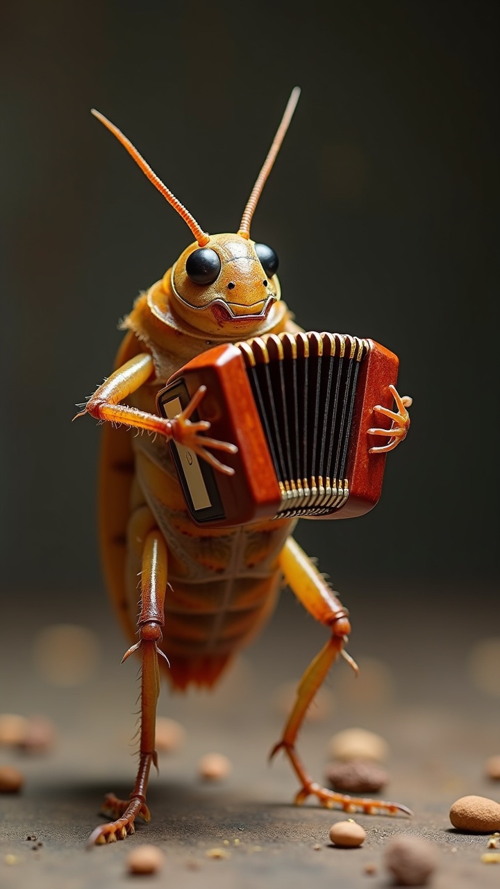 A charming roach playing an accordion, with a whimsical and cartoonish style. The scene is brightly lit, showcasing the intricate details of the roach and the tiny musical instrument.