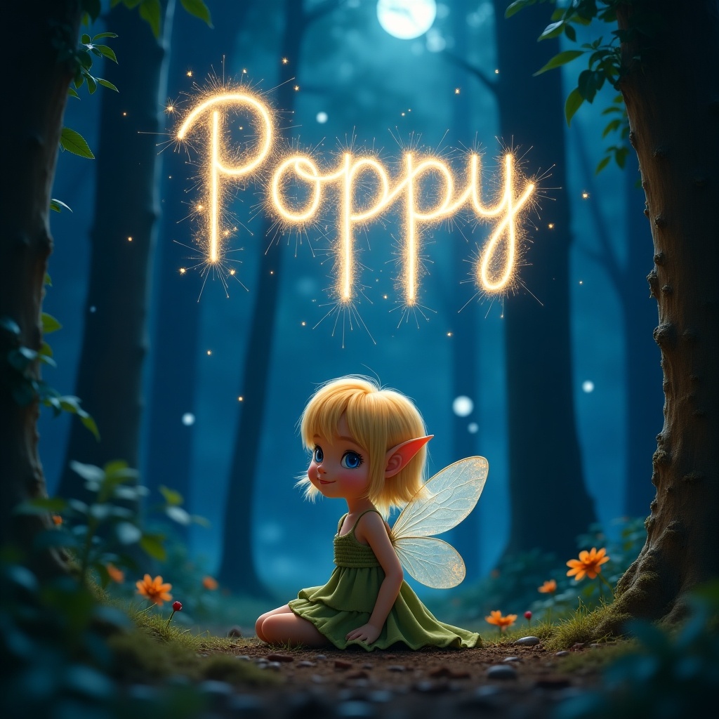 Whimsical image of a pixie elf girl named Poppy. She has short blonde hair and blue eyes. Sitting in a forest at night with a starry sky and trees. The name 'Poppy' illuminated in the sky with sparklers. The elf has delicate wings and a simple dress. Enchanting and playful vibe with feelings of wonder and magic.