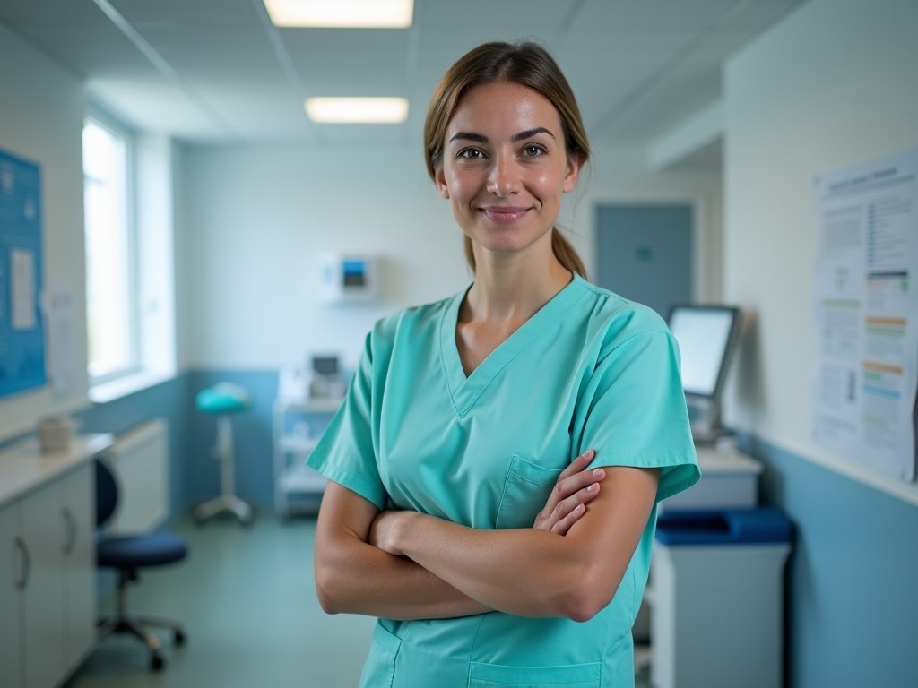 This image depicts a confident healthcare professional standing in a modern medical environment. She wears a teal medical gown, showcasing her role in patient care. The background features a well-lit clinic with medical equipment visible, highlighting the professional setting. Her friendly smile and crossed arms convey confidence and approachability. The overall atmosphere is calm and reassuring, ideal for a healthcare facility.