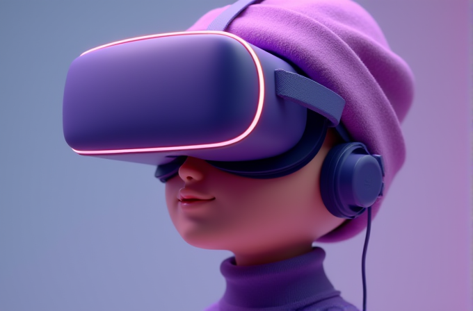 A person wearing a purple virtual reality headset and a matching beanie with headphones.