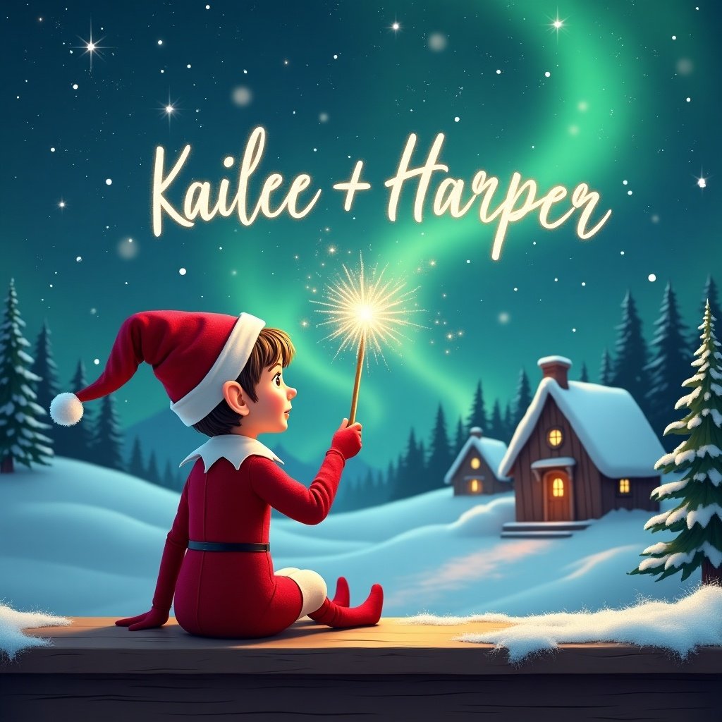 An elf dressed in a red outfit sits on a ledge. The elf gazes at a magical sky and holds a sparkling wand. The elf writes the names 'Kailee' and 'Harper' in the sky. The background shows a snowy landscape with houses and evergreen trees under Northern Lights. Whimsical essence of childhood magic is captured.