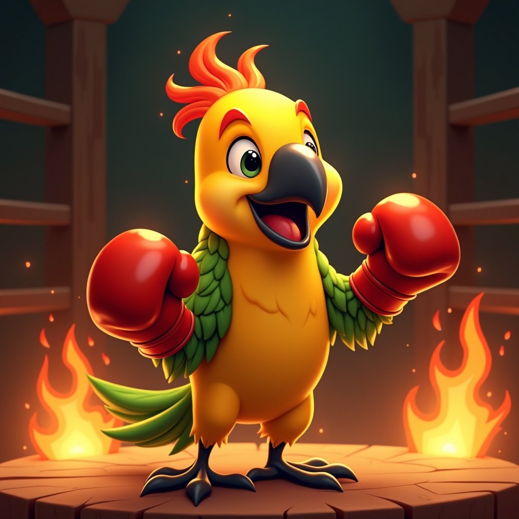 A cartoon-style parrot acts as a boxer. The parrot displays enthusiasm. It wears bright red boxing gloves. The background shows lively flames. The image is inspired by 1920 animation.