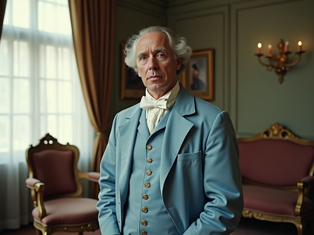 This image showcases a Victorian era man dressed in a soft blue suit, featuring intricate details and a elegant style typical of the 19th century. He stands in a well-lit room adorned with classic furnishing, including a richly decorated sofa in the background. The lighting is gentle, highlighting the thoughtful expression on his face. His attire emphasizes the luxurious fashion of the period, with a cravat tied around his neck and a polished demeanor. This representation serves to immerse viewers in the elegance and formality of Victorian life.