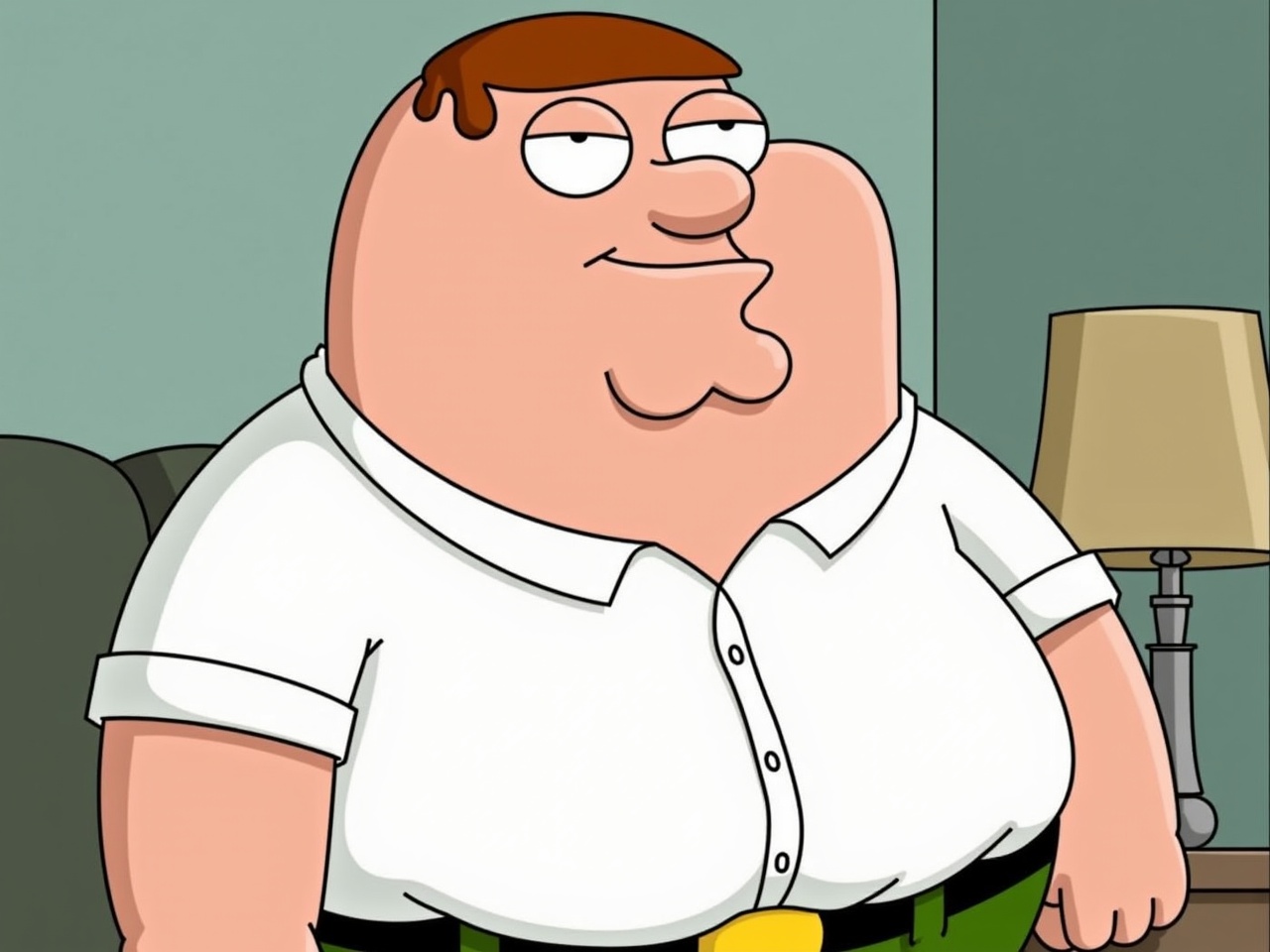 The image features Peter Griffin, a prominent character from the animated TV show 'Family Guy.' He is characterized by his distinctive round face and physique, often embodying humor and satire. His expression suggests a mix of confidence and mischief. Peter is wearing a plain white collared shirt and green pants, a signature look throughout the series. The background is a simple living room, adding to the casual and comedic atmosphere typical of the show.