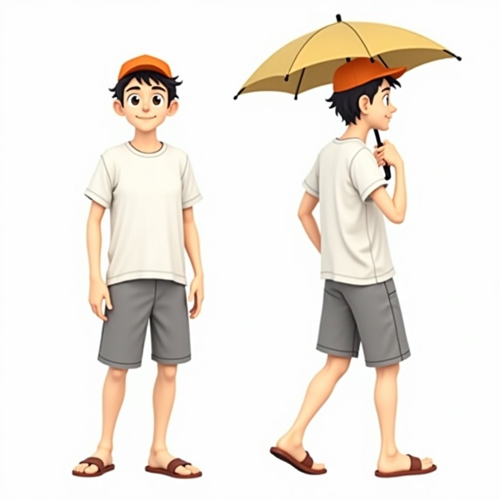 Character shown in front and side view. He wears a white t-shirt and grey shorts. An orange hat sits on his head. He has short dark hair and is holding a yellow umbrella. The background is simple to keep the focus on the character.