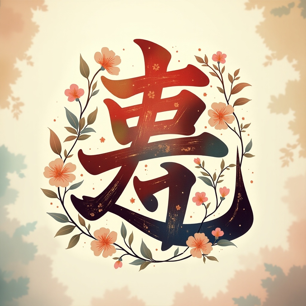 Stylized character representing 蘇 surrounded by flowers and foliage. Beautiful artistic representation with floral elements. Elegant design with a warm color palette.