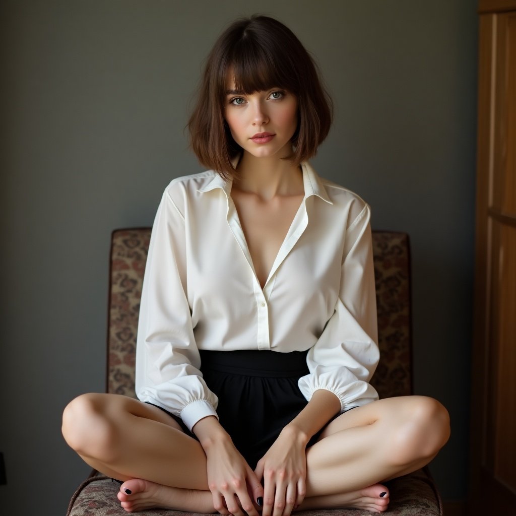 Russian girl with bob hairstyle. Brown hair color and brown eyes. Sitting cross-legged on a chair. Showcasing a glossy black pedicure. Wearing an unbuttoned white blouse and a short black skirt.