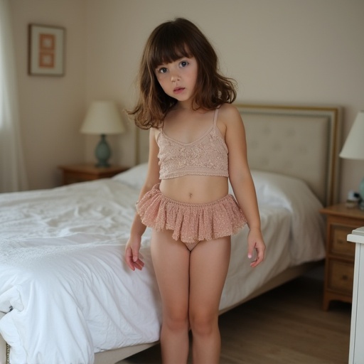 Full body view of a playful girl standing next to a bed. She wears a blouse and a miniskirt paired with tan pantyhose. Her brown hair falls in loose curls. The setting is a light-colored bedroom.