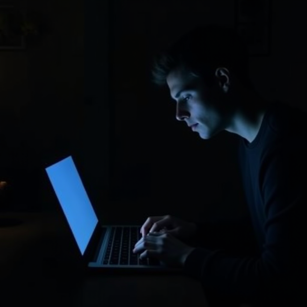 The image depicts a young person intently engaged with their laptop in a dark setting. The room is dimly lit, with the laptop screen being the primary source of light, casting a bluish glow on the individual. The atmosphere appears to be quiet and immersive, suggesting late-night work or study. The person is wearing a dark-colored shirt, which blends into the shadows, enhancing the focus on their concentrated expression and the screen's glow.