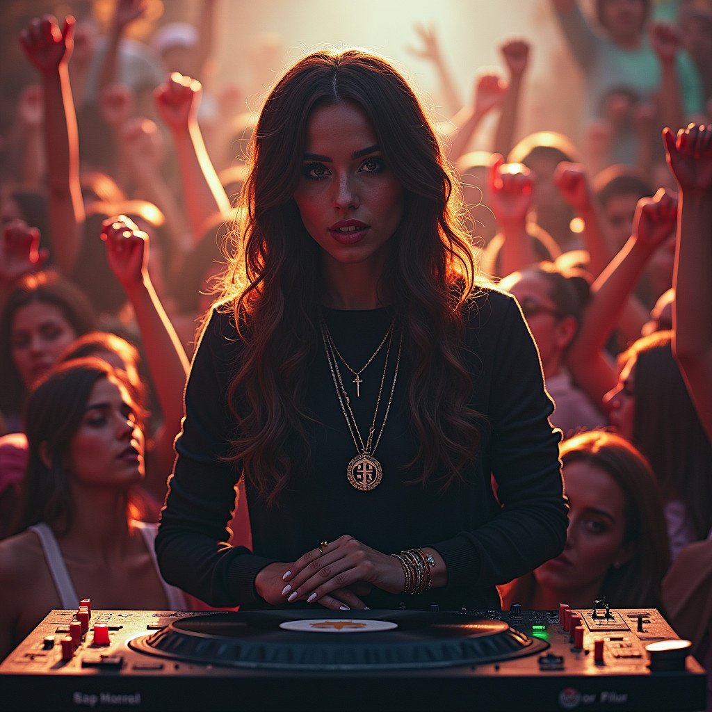 This image shows a DJ performing at a lively concert. A crowd is cheering in the background. The DJ is focused on the turntables and has visible accessories. The setting has a warm and inviting atmosphere.