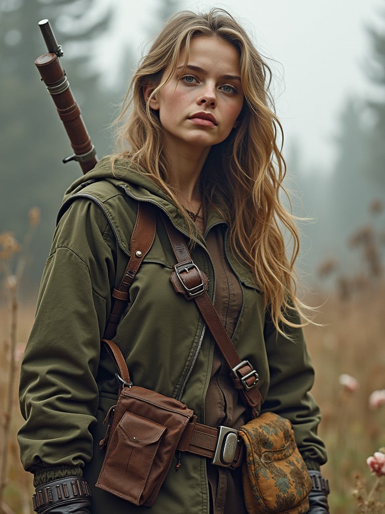 A woman dressed in stylish outdoor clothing stands in a foggy field. She wears an olive green jacket and carries various gear for an outdoor adventure. The background features softly blurred woodland and vegetation.