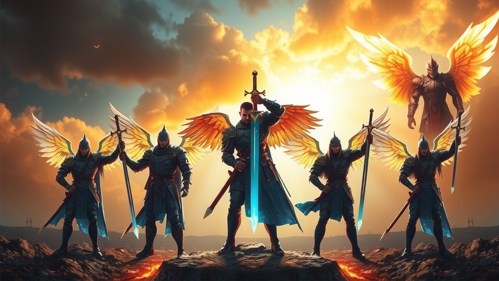 The image depicts six armored angelic warriors standing on a rocky terrain, illuminated by the golden hues of sunrise. Each warrior is adorned with magnificent wings and carries an imposing sword, exuding a powerful and protective aura. The sky is filled with dramatic clouds, enhancing the sense of an epic and celestial battle scene.