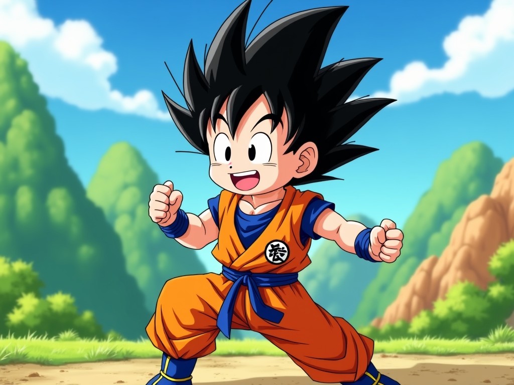 This vibrant image showcases a young animated character with spiky black hair and a joyful expression. Dressed in an orange and blue martial arts outfit, the character stands in an action pose against a scenic backdrop of lush green hills and a clear blue sky. The playful yet determined demeanor of the character is emphasized by the bright and lively color palette.