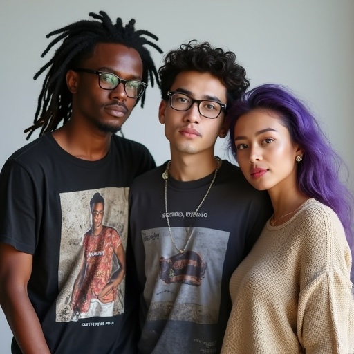 A photo style shoot features a diverse group of friends standing together. One guy has dark skin and dreadlocks, wearing glasses and a graphic tee. Another guy is white with straight black hair and glasses, dressed in a graphic tee and baggy jeans. The female is Asian with black and purple hair, wearing an oversized sweater and a nose ring. They are posing comfortably indoors.