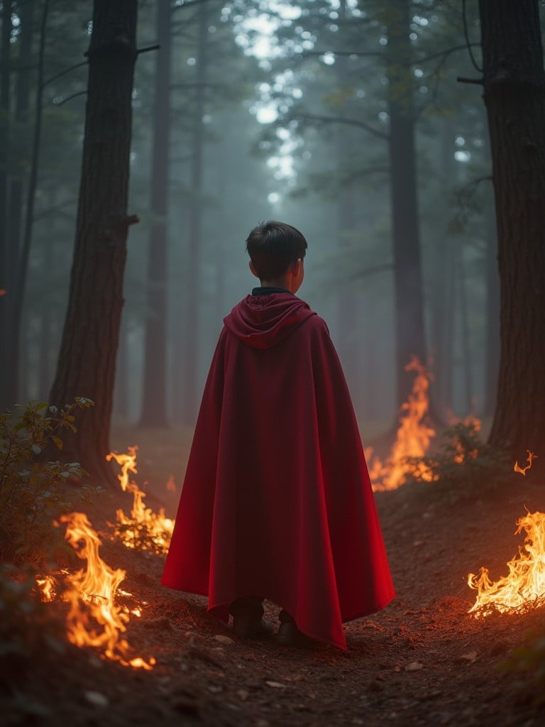 Image of a boy in a forest wearing a red cape surrounded by fire. The boy stands still, viewing the flaming surroundings. The atmosphere is mysterious and magical.