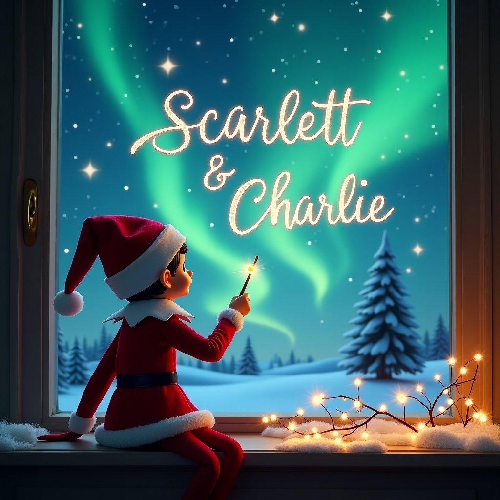 An elf on the shelf is depicted sitting by a window, facing outside towards a captivating night sky. The elf, wearing a classic red and white outfit and hat, uses a magic wand to elegantly write the names 'Scarlett & Charlie' in glowing letters in the sky. The background is a enchanting Christmas scene filled with the vibrant colors of the northern lights, snow-covered trees, and a glimpse of Santa in the distance. The window features delicate fairy lights that add warmth to the scene. This illustration captures the magic and wonder of the holiday season.