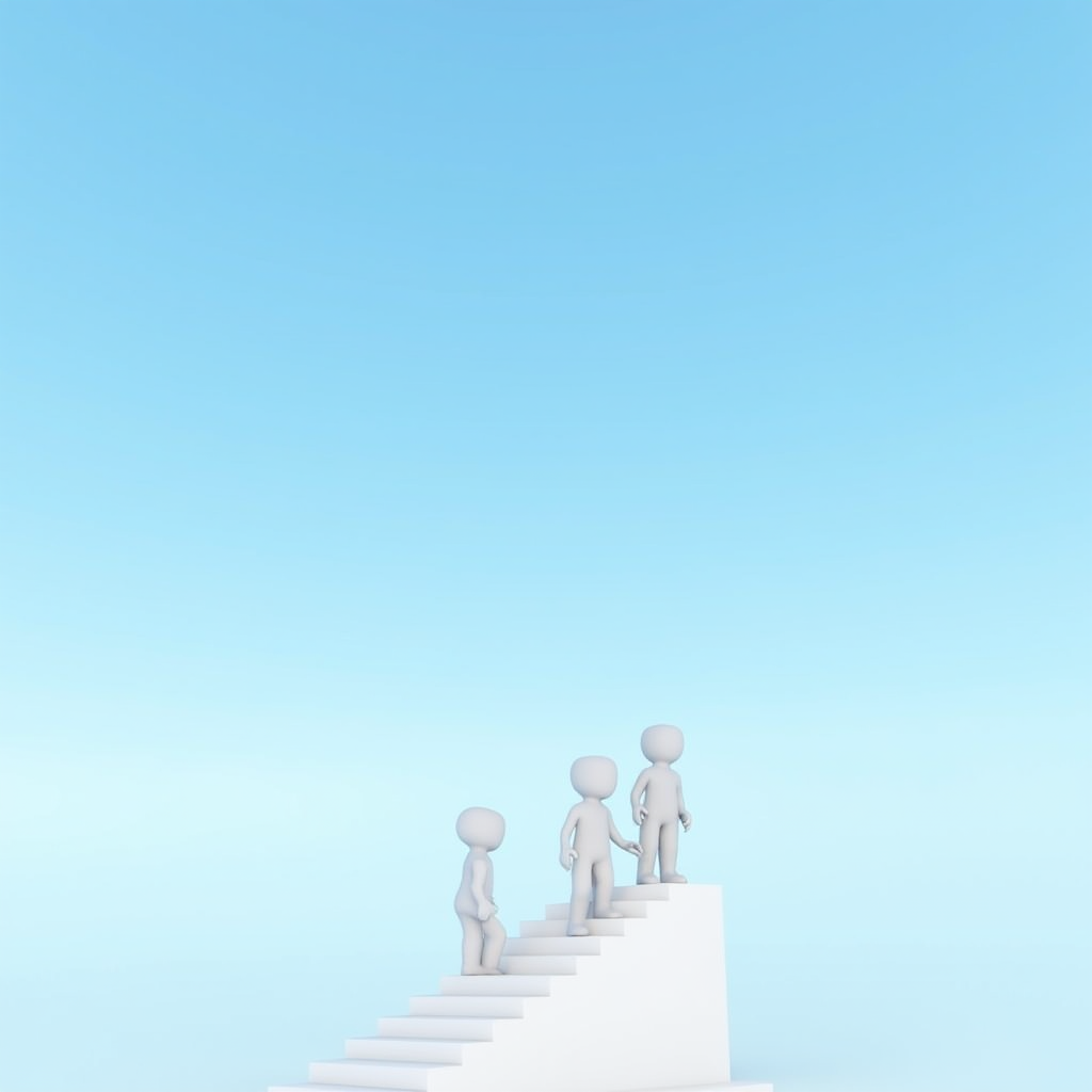 Three minimalist humanoid figures ascending a white staircase under a clear blue sky.