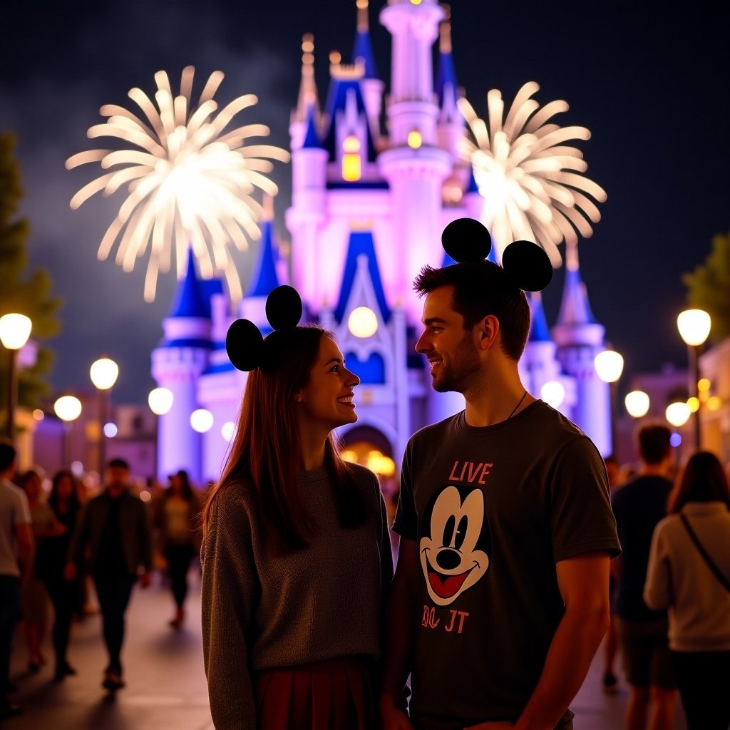 A couple stands smiling in front of a stunning castle at night. The castle is illuminated in vibrant colors with tall spires. Fireworks light up the sky behind the castle. The woman wears a grey sweater and skirt, while the man has a graphic shirt. Both wear playful headbands.