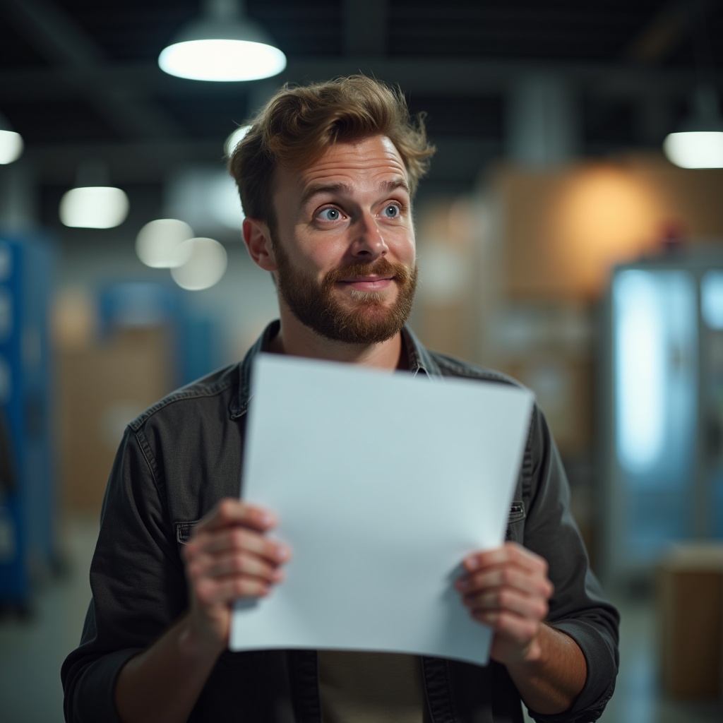 a man holding a blank sheet of paper inside a warehouse, looking pensive