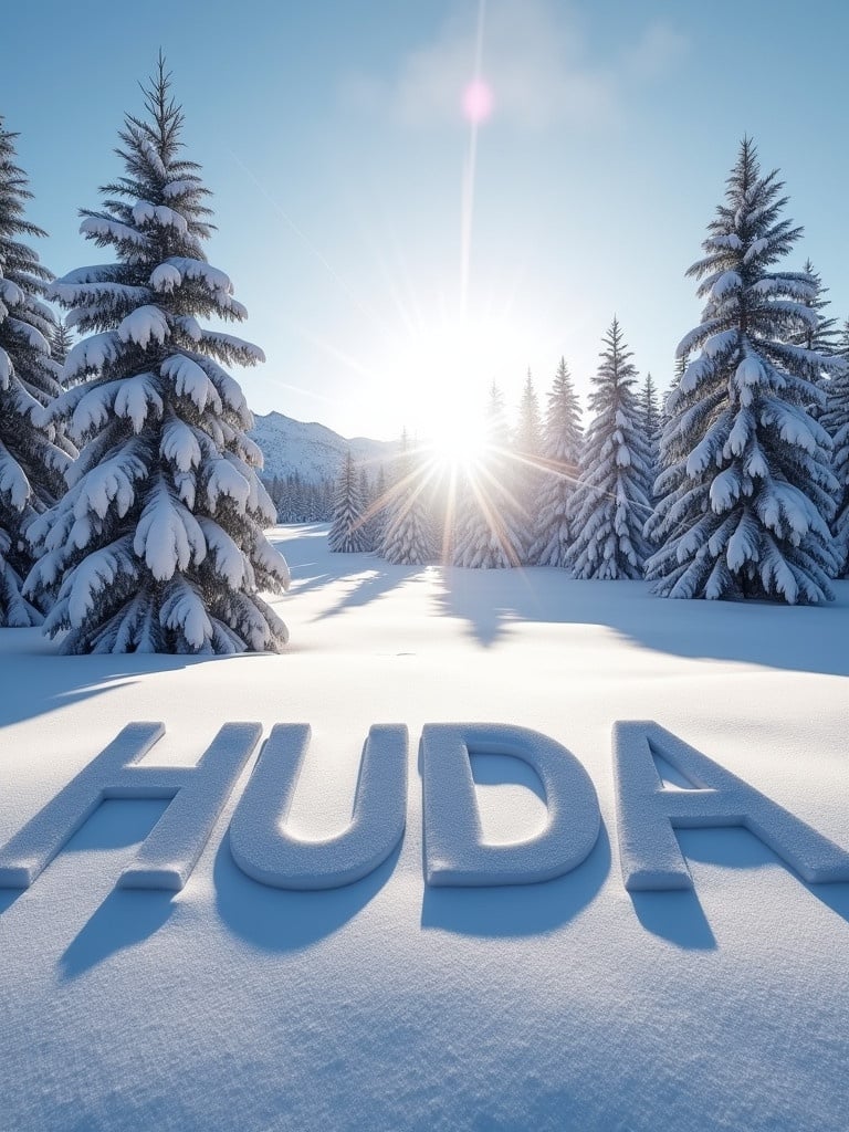 Winter landscape with 'HUDA' written in snow on a sunny day. Snow-covered pine trees surrounding the word. Bright sunlight shines down creating a serene winter setting.