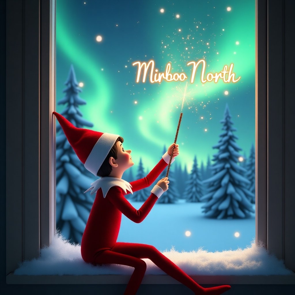 The image features an adorable elf on the shelf sitting on a window ledge with its back turned to the viewer. It uses a magical wand to create twinkling sparks while gazing at the stunning northern lights. The background depicts a winter wonderland, filled with snow-covered pine trees, emphasizing a festive holiday atmosphere. Dressed in a vibrant red outfit with white trim, the elf embodies the Christmas spirit. The scene is illuminated by the enchanting colors of the aurora borealis, enhancing the magical ambiance.