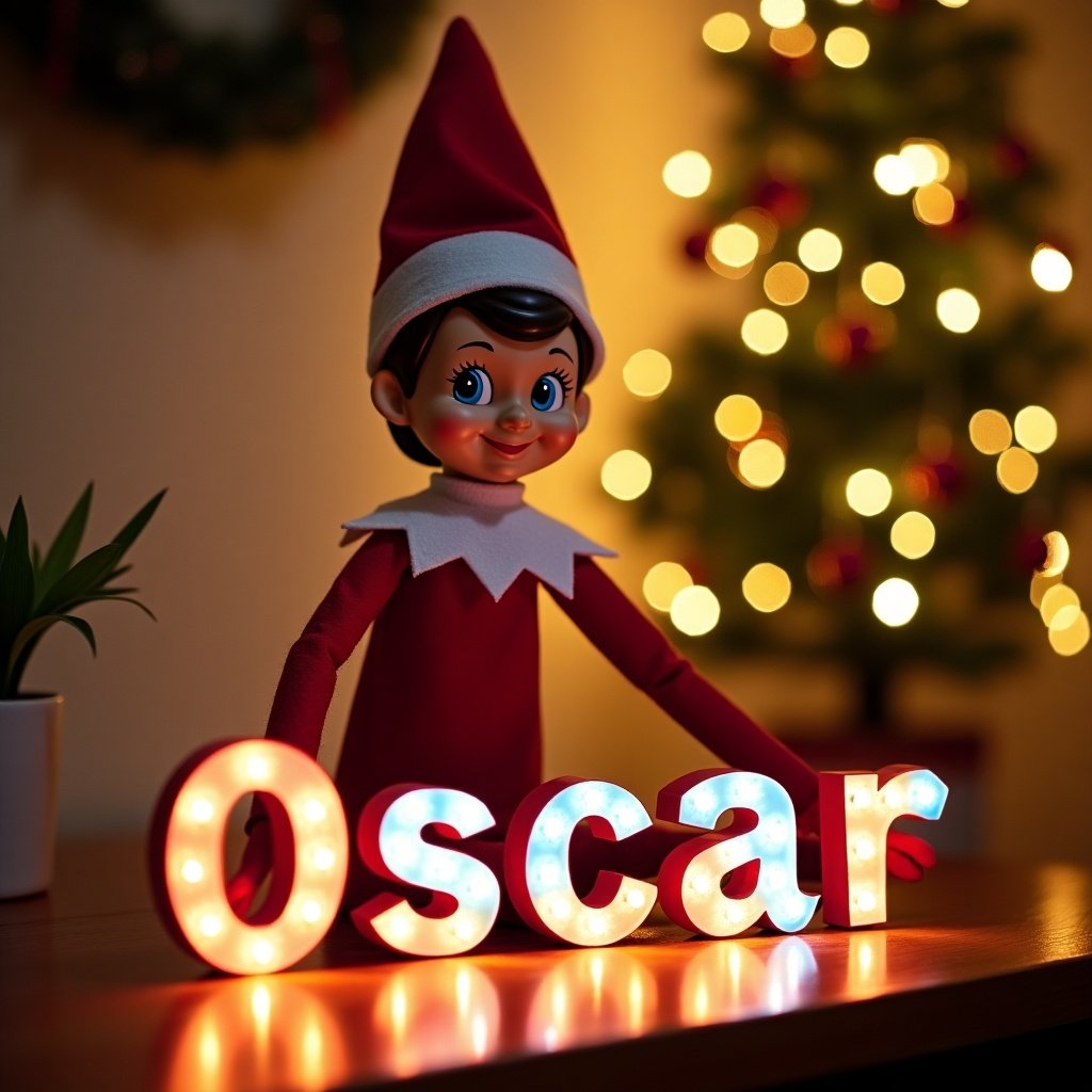 A cheerful elf on the shelf is featured in a vibrant Christmas scene. The elf is dressed in a festive red and white outfit. Joyfully, the elf writes the name 'Oscar' using colorful lit letters. In the background, there is a beautifully decorated Christmas tree and twinkling lights that enhance the holiday spirit. The warm atmosphere captures the essence of Christmas magic, making it suitable for family celebrations and personalized gifts.