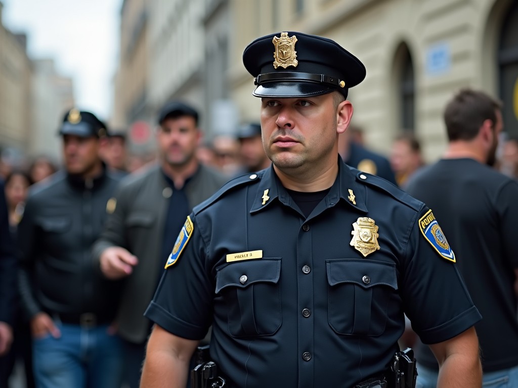 A fully blooded police officer stands confidently in the street, wearing a sharp uniform. He faces a bustling crowd, showcasing his role in maintaining peace. The officer’s stance is strong and attentive, reflecting professionalism. Behind him, a diverse group of people is engaged in conversation, capturing urban life dynamics. The scene emphasizes community interaction and the presence of law enforcement in public spaces.