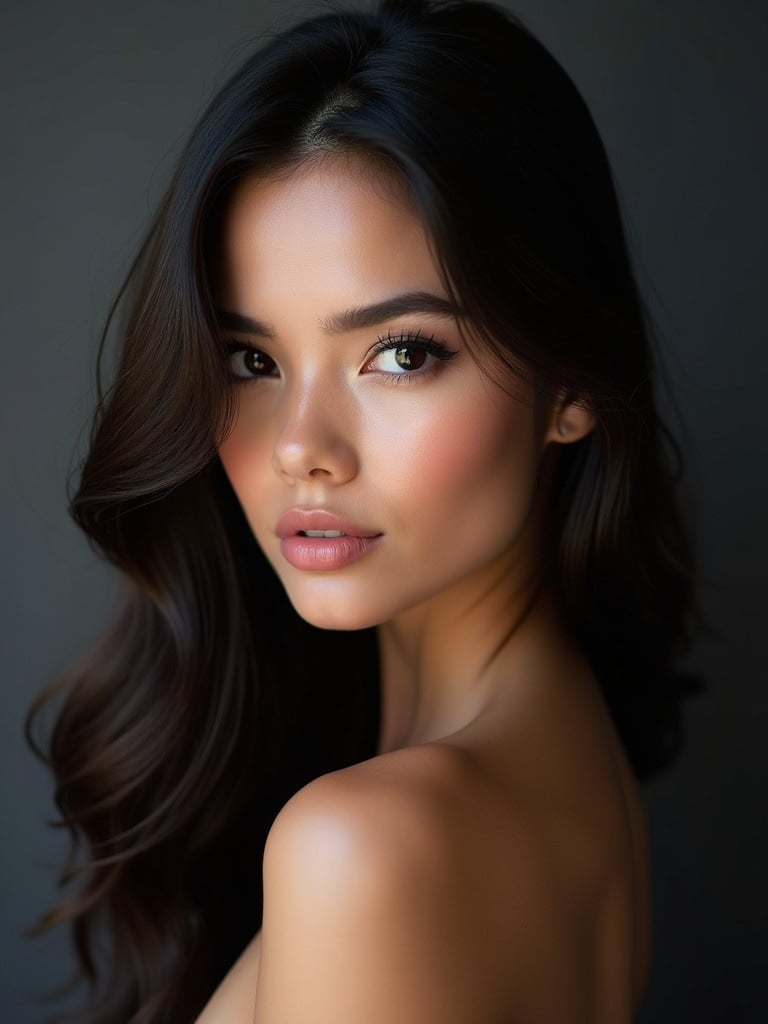 Portrait of a young beautiful woman with long dark hair. She has dark eyes and a neutral expression. Full makeup features glossy lips. Soft light complements her glowing skin. Background is dark, contrasting with her appearance. Focus on her features while background is slightly blurred.