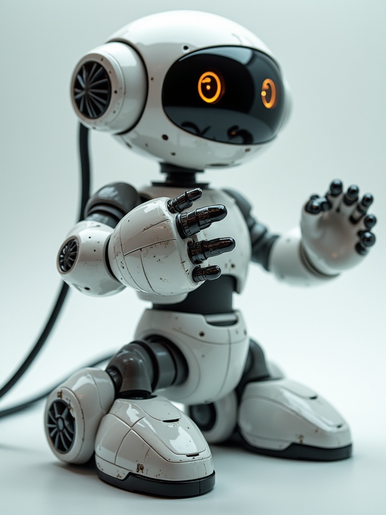 A small, cute robot with orange eyes and mechanical features. The robot is posed kneeling with hands extended. It has a sleek design with a combination of white and black colors.