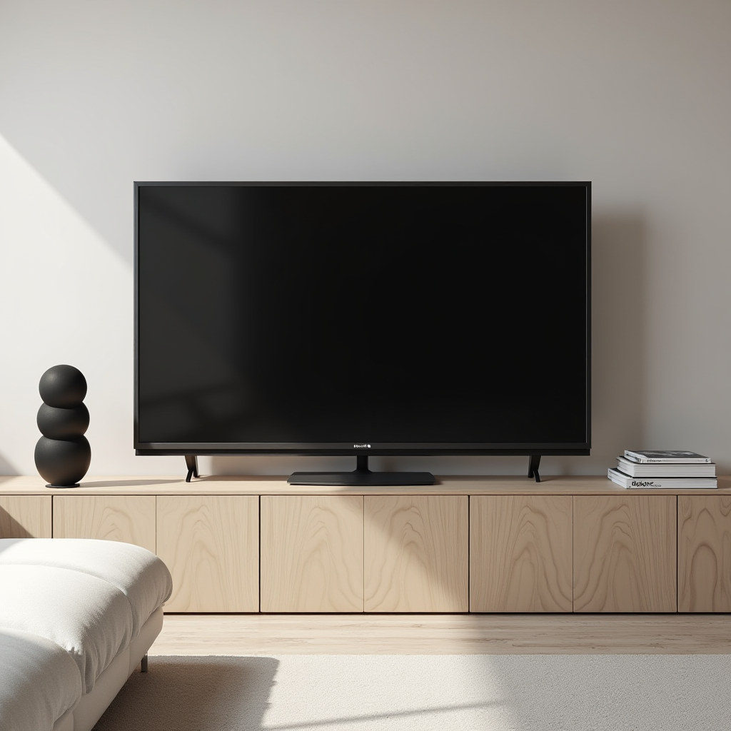 A flat-screen TV sits on a light wood media console, flanked by a stacked black sculpture and a pile of magazines, in a sunlit contemporary living room.