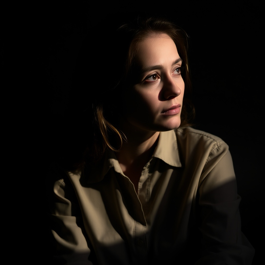 A woman illuminated by soft light amidst a shadowy background looks contemplatively to the side.