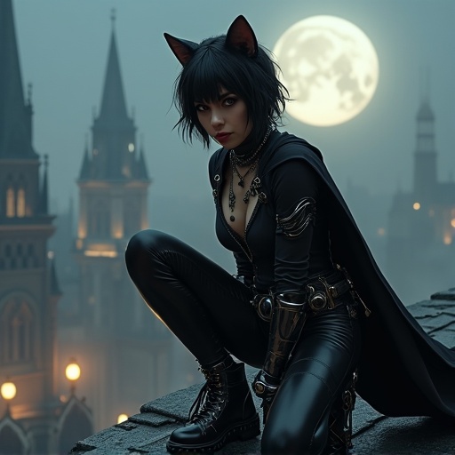 Crouching cat burglar on gothic rooftop under full moon. Short jet-black hair styled elegantly. Tight black leather catsuit with steampunk elements. Dark flowing cape enhances mysterious aura. Boots have sharp claw-like extensions. Foggy Victorian cityscape in background. Dynamic and agile pose ready for action. Dark and thrilling atmosphere with seductive feel.