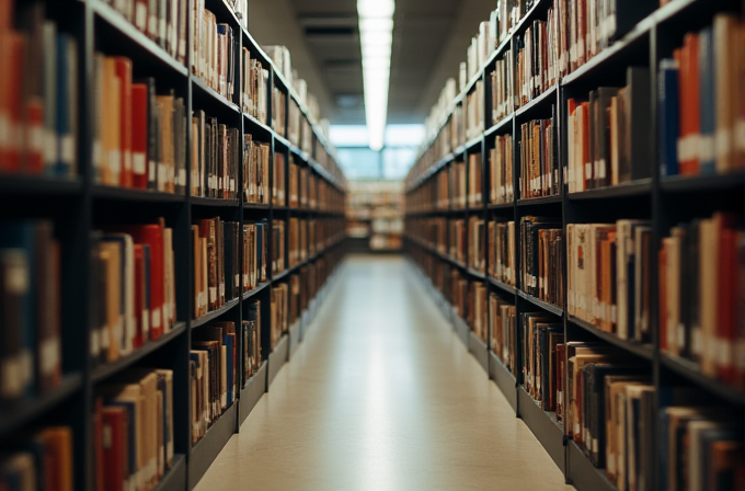 The image shows a long aisle between two rows of bookshelves in a library.