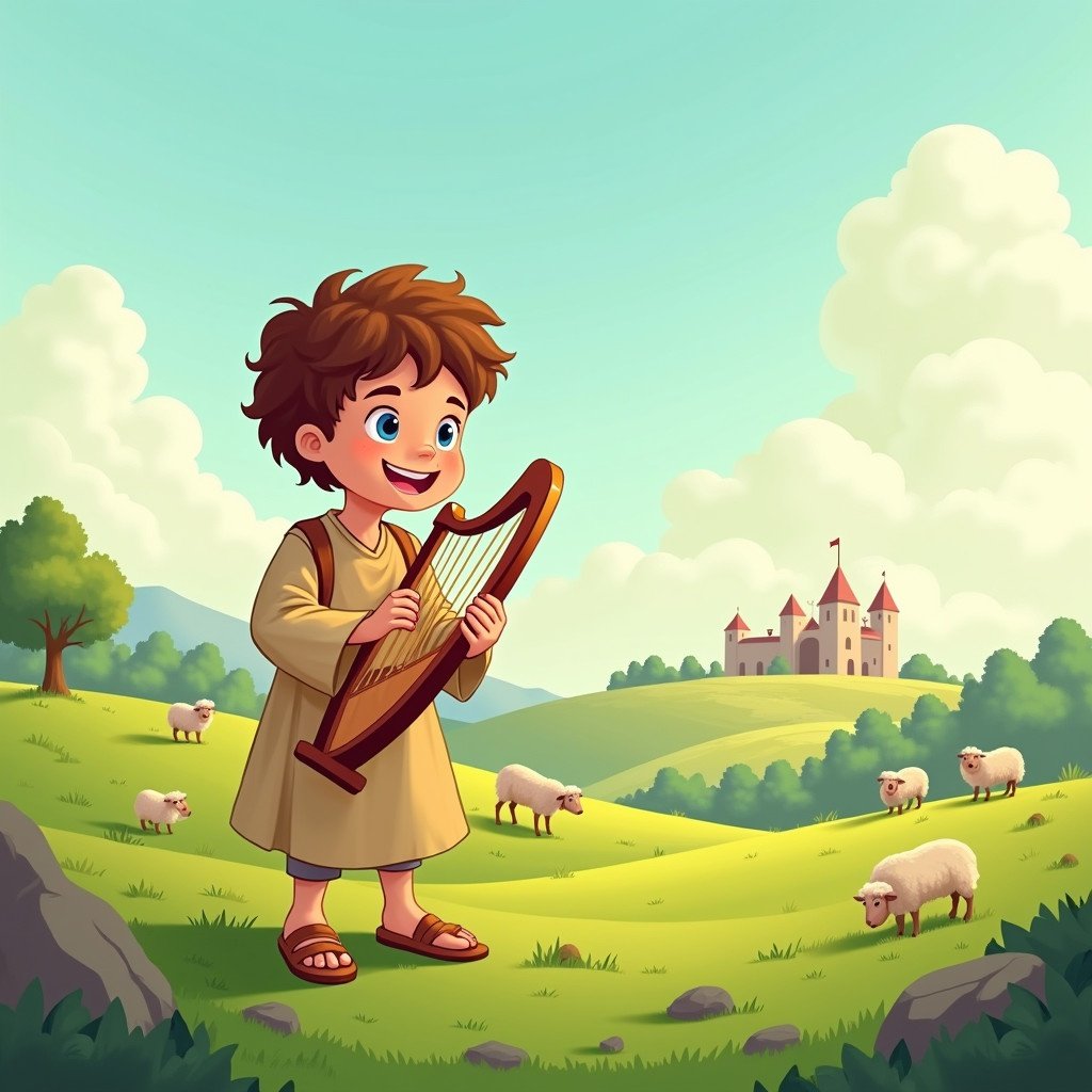 A cheerful cartoon illustration of David, a young boy with brown hair. Dressed in light brown shepherd clothing from biblical times. David is standing in a lush green pasture. He is playing the harp. The scene includes grazing sheep and a distant village. Vibrant colors and attention to detail bring the landscape to life.