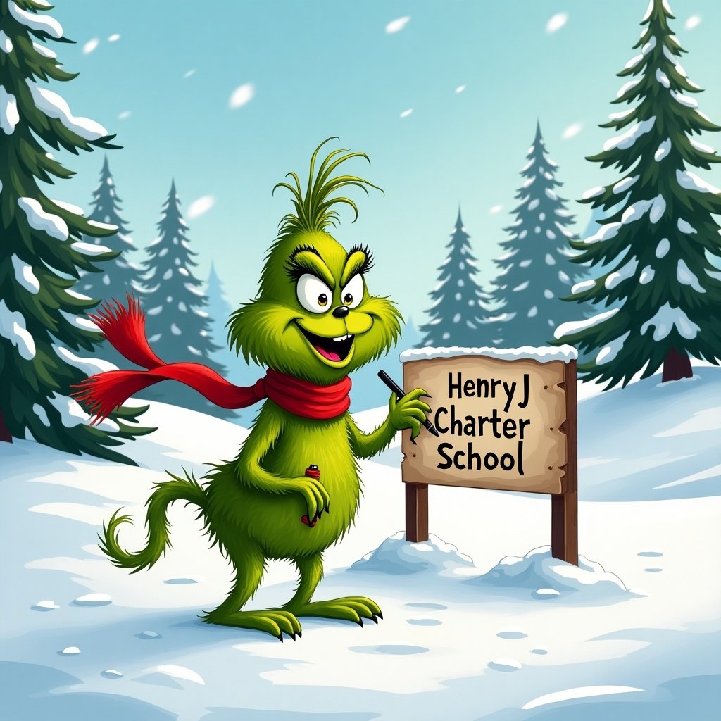 Grinch writes on a sign in snow. Scene has snowy hills and evergreen trees. Grinch is green and wears a red scarf. Grinch expresses happiness.