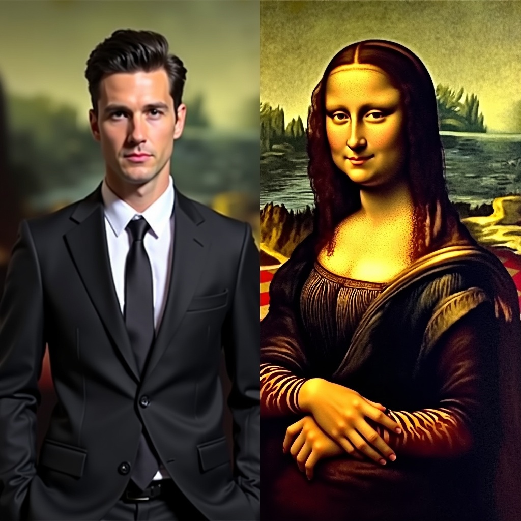 A modern figure dressed in a suit stands beside the classic Mona Lisa portrait. The contrast between contemporary and Renaissance art styles is evident. The modern figure exudes formality and seriousness. The Mona Lisa retains her enigmatic smile and detailed background. This juxtaposition highlights the differences and unexpected similarities between two different eras.