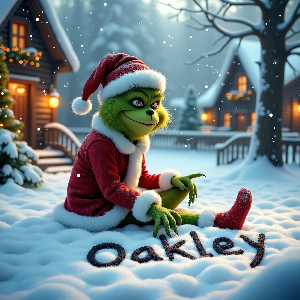 The Grinch sits happily in the snow wearing a red and white Christmas outfit. He writes 'Oakley' in the snow. Snowflakes fall around him. Warm lights shine from cozy cottages, creating a magical holiday atmosphere. The scene captures creativity and the spirit of giving.